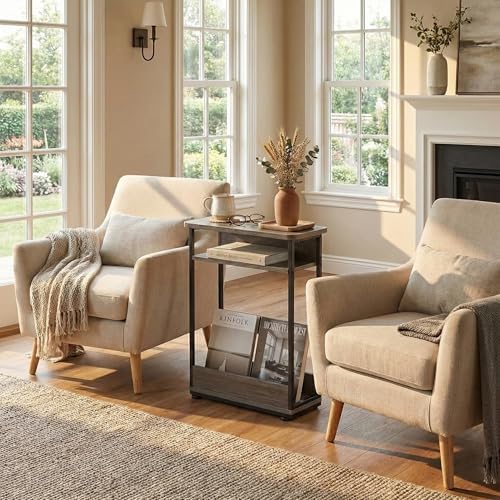 Narrow Side Table,3-Tier Slim End Table with Storage Shelf,Modern Sofa Table Thin Side Table for Narrow and Small Spaces, Skinny Bedside Table Small Nightstand with Magazine Rack Space Saving/Grey