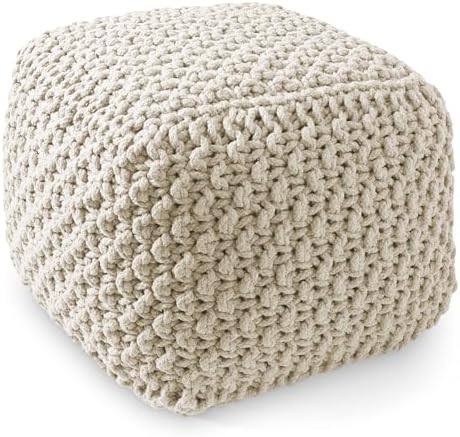 Casafield Square Pouf Ottoman, Natural - 18.5" W x 18.5" D x 14.5" H Cotton Knit Foot Stool - Boho Floor Pouffe for Living Room, Bedroom, Home Office