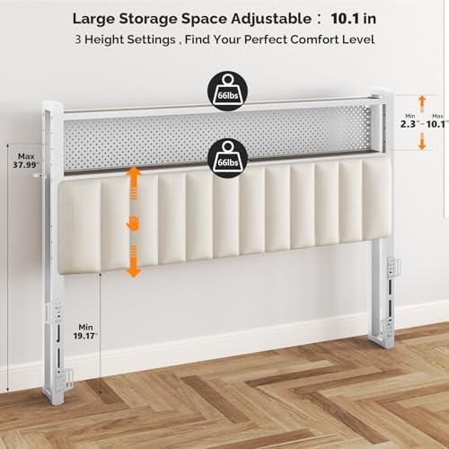 VINGLI King Size Headboard for Bed,Upholstered Headboards with Storage, Charging Stations and LED Lights, 2 Tier Shelves and Pegboard, Modern Bed Head Board, Adjustable Height, White