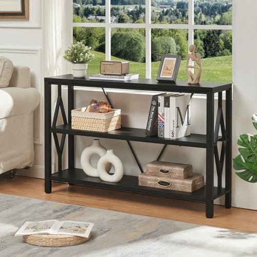 Sofa Console Table, Rustic Entry Table with 3 Tier Bookshelf,Black 47 Inch