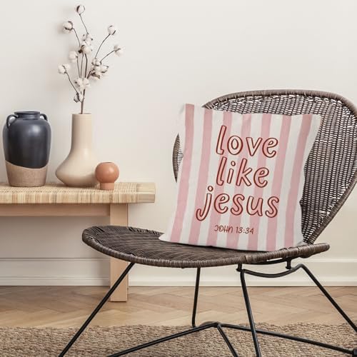 Pink Striped Christian Bible Verse Throw Pillow Cover 18x18, Love Like Jesus Religious Decorative Pillow Covers for Home Bedroom Living Room Couch, Christian Gifts Accent Pillows Cover Pillowcases