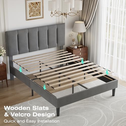 VECELO Full Size Bed Frame with Upholstered Headboard, Dark Grey
