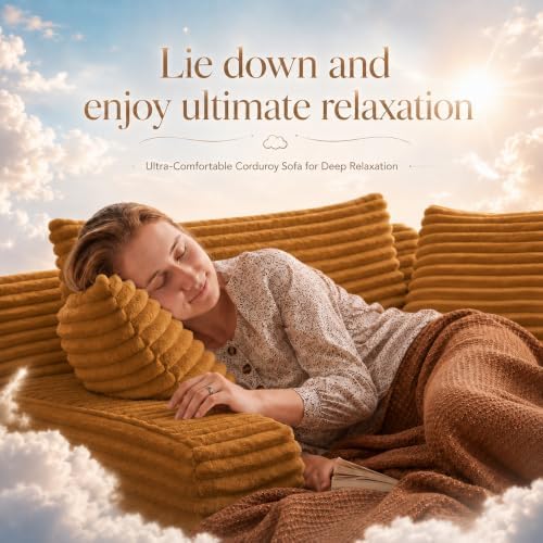 66" Chaise Lounge Chair Indoor, Corduroy Upholstered Reading Chair Oversized Boneless Chair with Deep Seat, Cloud Lounge Chair with 3 Pillows for Living Room, Bedroom, No Assembly Required