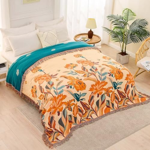 XIBLC Boho Throw Blanket for Bed, 100% Cotton Soft Rustic Quilt Fall Blanket, 60"x80" Floral Printed Farmhouse Decor Bed Blankets, All Season Rustic Reversible Bohemian Throw Quilt