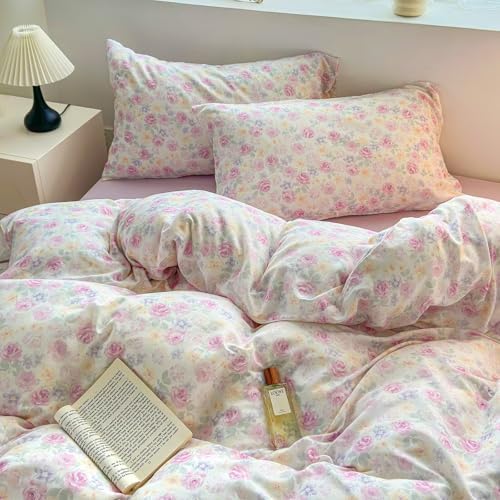 Floral 100% Cotton Duvet Cover Queen Size Double Layer Muslin Soft Breathable Gauze Bedding Set with Zipper,3 Pieces Aesthetic Comforter Covers 90"X90",1 Duvet Cover and 2 Pillowcases
