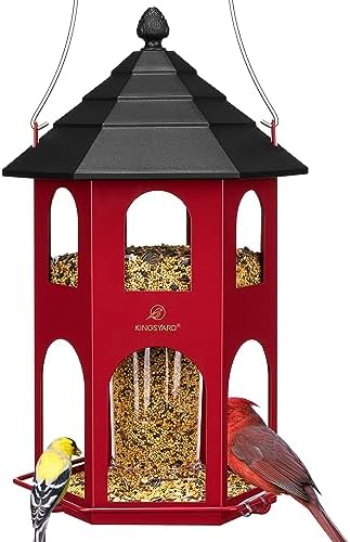 Kingsyard Metal Bird Feeder for Outdoor Hanging, Wild Bird Feeders with Circular Perch, Easy to Clean & Refill, 4 lbs Large Seed Capacity, Red