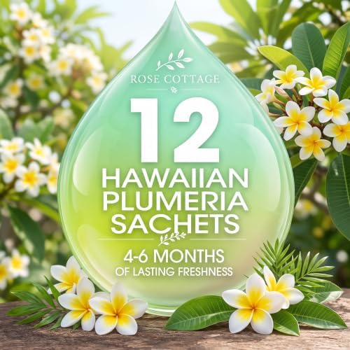 Large 12 Packs Hawaiian Plumeria Hanging Scented Sachets Long-Lasting Closet Deodorizer Air Freshener Fabric Refresher Odor Eliminator for Drawer Home Fragrance Gift Set