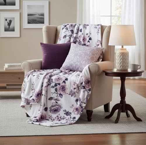 Soft Fleece Throw Blanket, Elegant Floral Roses Lavender White Pink, 50x70
