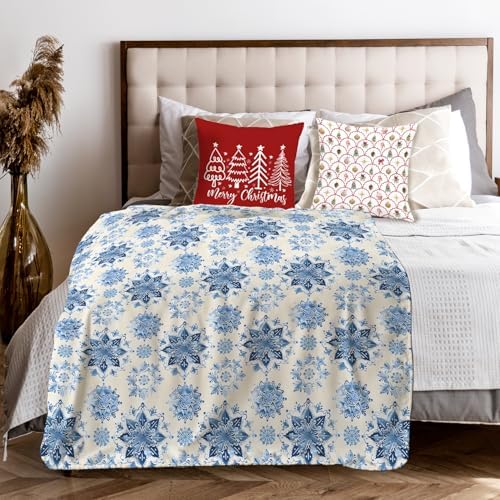 Winter Blue Snowflake Throw Blanket for Couch, Snowflake Christmas Decor, Vintage Blue and White Porcelain Floral Throw Blanket for Bedroom Living Room Home Decoration, 50x60 Inches