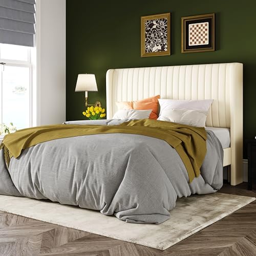 Allewie Full Size Velvet Bed Frame, Upholstered Wingback Headboard, Cream