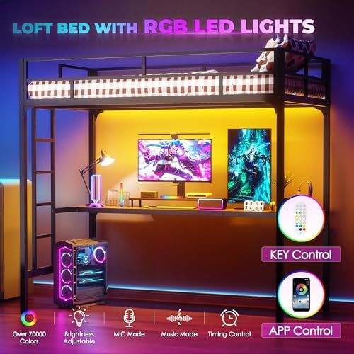 Metal Twin Loft Bed with Desk, Metal Loft Bed Frame with LED Lights and Charging Station, Safety Guardrail and Ladder, No Box Spring Needed, Space-Saving, Noise Free, Black