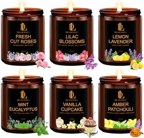6 Pack Candles for Home Scented, Candles Gifts for Women Men, 42oz Soy Candle Set, Scents of Roses/Lemon Lavender/Vanilla Cupcake/Amber Patchouli/Lilac Blossoms/Mint Eucalyptus