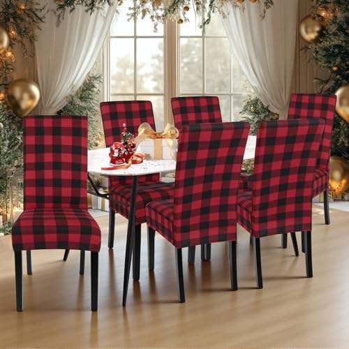SearchI Christmas Chair Covers Set of 6, Stretch Xmas Kitchen Chair Cover Removable Washable Holiday Parsons Chair Slipcovers for Dining Room, Christmas Decoration, Ceremony (Black/Red Plaid)