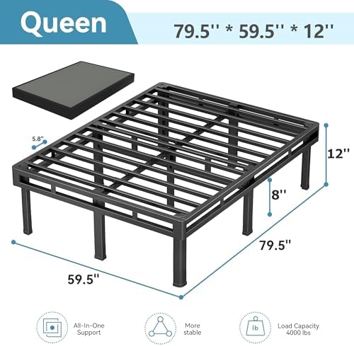 12" Queen All-in-One Box Spring, Metal Mattress Foundation with 9 Legs