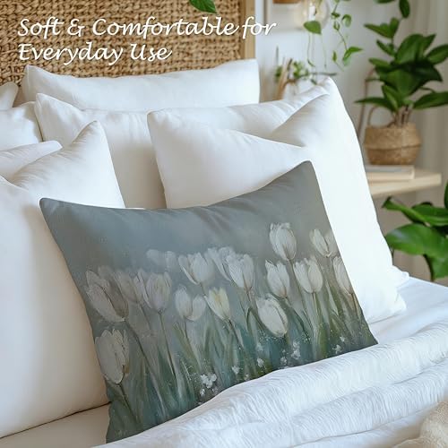 Vintage White Tulip Floral Pillow Cover 12x20, French Country Farmhouse Cottagecore Botanical Flower Decorative Lumbar Pillow Cover for Couch Bed Living Room Bedroom