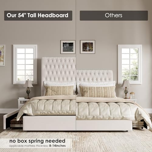 King Size Bed Frame 54" Tall Headboard with Gorgeous Button Tufted and Nail, Velvet Fabric Upholstered Bed Frame includes 4 Under-bed Storage Drawers, Wooden Slats, Noise-Free, Easy Assembly, Beige