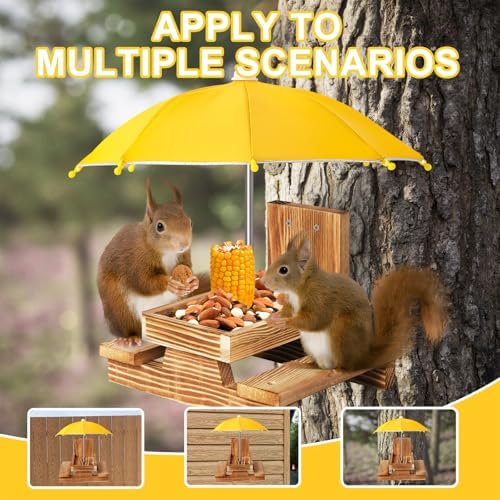 Gnodary Squirrel Feeder with Umbrella, Squirrel Feeders for Outside, Squirrel Picnic Table Feeder - Chipmunk Feeder Hold Corn, Corn Cob, Peanuts Style2 (Yellow)