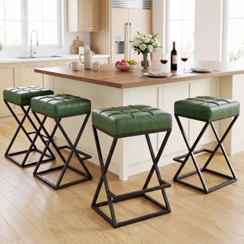 Bar Stools Set of 4, 26 Inch Counter Height Stool Faux Leather Green
