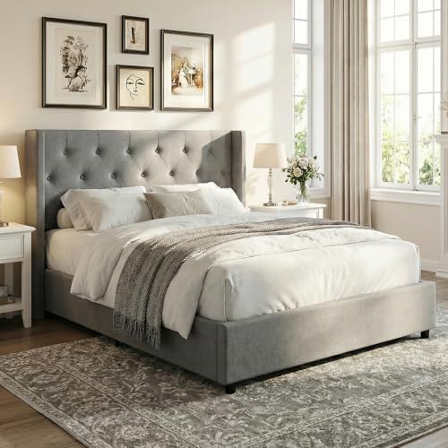 GIANTEX Queen Size Lift Up Storage Bed, Modern Linen Upholstered Platform w/Button Tufted Wingback Headboard & Hydraulic Support, Queen Bed Frame with Storage, No Box Spring Needed (Grey)