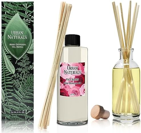 Urban Naturals Reed Diffuser Oil Refill Red Roses with White Peony, Cashmere Wood 8 oz + Free Reed Sticks, Made in the USA