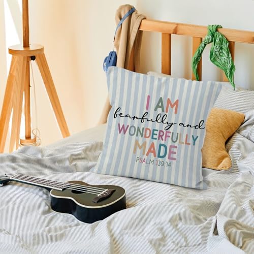 Boho Nursery Christian Throw Pillow Cover 18x18, Religious Bible Verse Inspirational Decorative Pillow Covers for Kids Boys Room Bedroom Playroom, Blue Striped Accent Pillows Cover Pillowcases