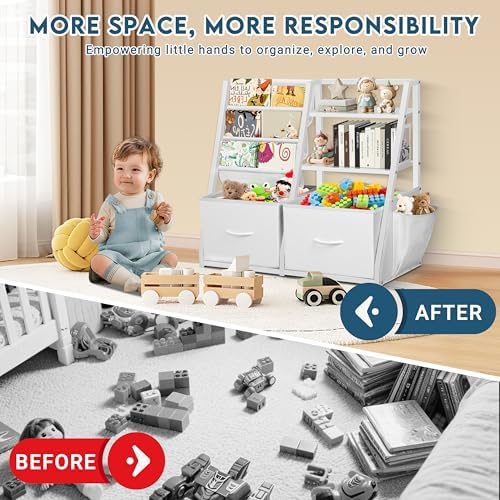 LOFTEY Kids Bookshelf and Toy Storage, Toy Box with Bookshelf, White