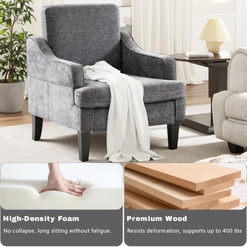 Mid-Century Accent Chair, Comfy Arm Chair Upholstered Living Room Chair for Bedroom, Fabric Reading Chair with Wood Legs for Apartment, Waiting Room, Vanity Room (Darkgray)