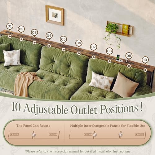 Huuger 129.9 Inch Behind Couch Table with 2 Power Outlets and USB-C Ports, Extra Long Narrow Sofa Table for Sectional Sofa, Skinny Console Table with Anti-Bump Pads, for Living Room, Rustic Brown