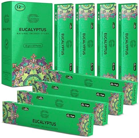 Raajsee Incense Sticks – Eucalyptus (180 gm), 100% Pure Organic Natural Hand Rolled Free from Chemicals - Perfect for Aromatherapy, Cleansing, Meditation, and Church (Pack of 12)