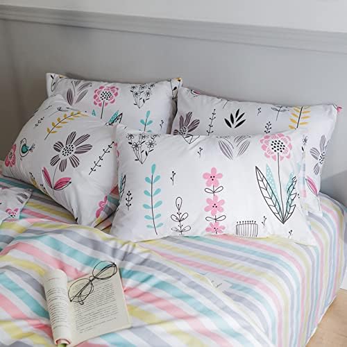 HighBuy Floral Printed Bedding Set Queen Duvet Cover Girls Cotton Comforter Cover Garden Aesthetic Reversible Striped Bedding Sets 3 Piece Queen Bed Boho Comforter Cover Duvet Cover Set