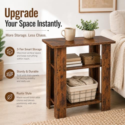 Narrow Side Table, 3 Tier Rustic End Table for Living Room