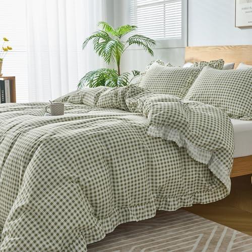 Gingham Duvet Cover Full Size, 3 Pieces Soft Breathable Microfiber Plaid Duvet Cover with Zipper Closure & 2 Pillow Shams, Ruffle Farmhouse Vintage Decor, Sage Green