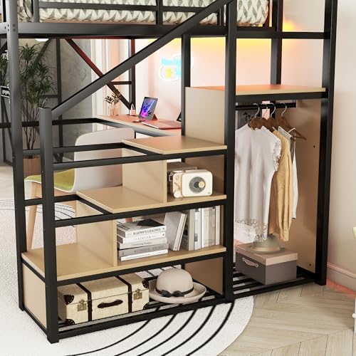 Queen Size Metal Loft Bed Frame with Desk, Staircase, Built-in Storage Shelves and Wardrobe, Modern Loft Bed with Solid Slat, Guardrail, No Box Spring Required, Easy Assembly, for Bedroom, Black