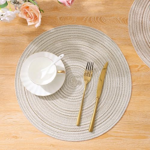 SHACOS Round Placemats Set of 6 Braided Circle Place Mat Washable 15 inch Table Mats for Kitchen Dining Table Decor Mixed Color (Ivory, 6)