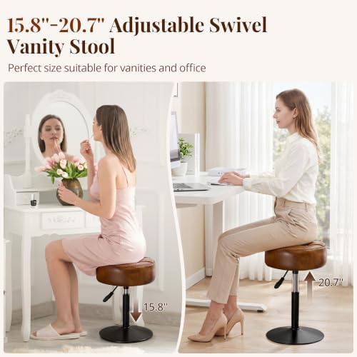 LUE BONA Adjustable Vanity Stool, 360°Swivel Vanity Chair for Makeup Room, Brown Stool Chair for Vanity, Small Faux Leather Vanity Stools for Bathroom, Living Room