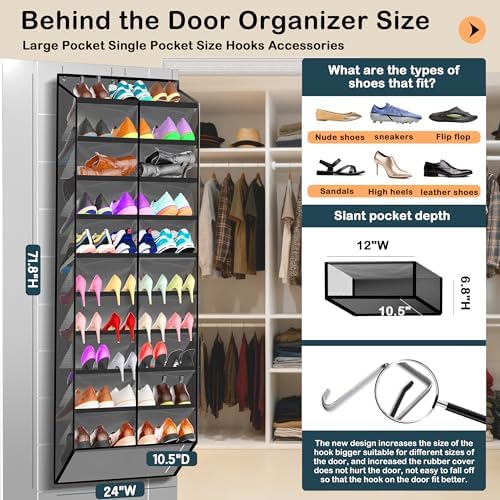 Kotkn 10-Tier Over the Door Shoe Organizer, 20 Pockets Holds 20-30 Pairs, Heavy-Duty Oxford Fabric with Hexagon Mesh for Boots & Sneakers-Dark Gray