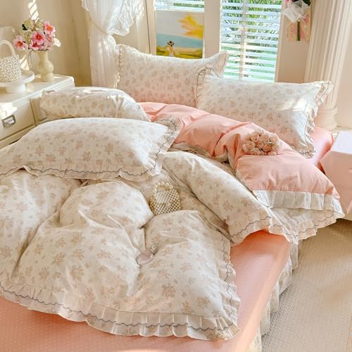 HighBuy Farmhouse 100% Cotton Duvet Cover Full Size,Pink Floral Ruffle Lace Design Comforter Cover with 2 Pillowcases,Reversible Blush Princess Ruffled Duvet Cover Set Coquette Soft
