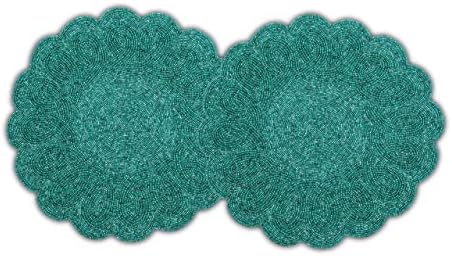 Lightnpro Handmade Beaded Placemats Set of 2 – 13 Inch Teal Round Scalloped Charger Mats, Elegant Teal Table Décor for Dining, Parties & Weddings | Handcrafted Artisan Beadwork Table Accessories