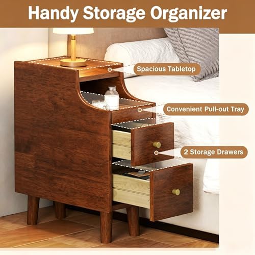 KOMFOTT Narrow Nightstand with Drawers, Solid Wood Bedside Table with Pull-Out Tray & 2 Storage Drawers, Slim Sofa End Table with Cable Management for Small Spaces, Bedroom (Brown)