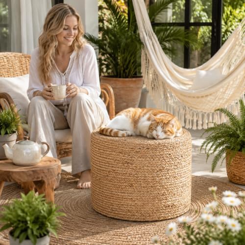 18'' Boho Ottoman Pouf Natural Water Hyacinth Rustic Handmade Lounge Pouffe