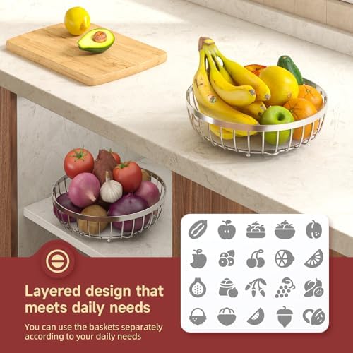 Sevenblue 2 Tier Fruit Bowl for Kitchen Counter with Banana Hangers, Silver