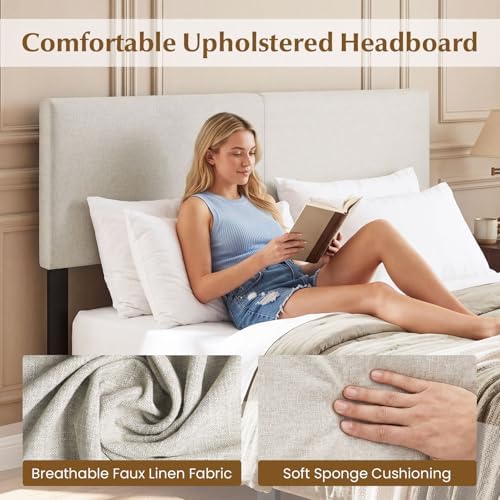 GIANTEX Linen Upholstered Headboard, Queen/Full Size Vertical Quilted Fabric Head Board with Wood Support Legs, Attach Frame, Width Adjustable Modern Bed Headboard Only (Beige)