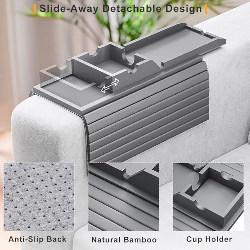 Bestjing Bamboo Couch Armrest Table with Detachable Cup Holder Tray (Gray)
