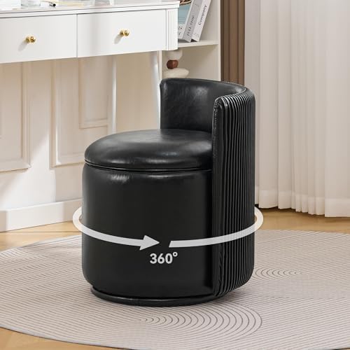 WUTUTUEE Faux Leather Vanity Chair with Storage, 360° Swivel Makeup Chair with Pleated Back, No Assembly Small PU Accent Stool for Bedroom, Dressing Room, Living Room, Black