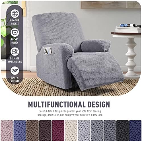 KinCam Recliner Covers, Stretch Reclining Chair Covers, Recliner Sofa Slipcovers Stripe Jacquard Recliner Couch Covers Furniture Protector Covers for Pet Kid (1 Seater, Light Gray)