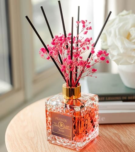 PEANÄK Reed Diffuser Set - Sandalwood Rose Fragrance 6.7oz (200 ml) - Real Preserved Flowers & 8 Reed Sticks for Bathroom Shelf Decor Home Diffuser & Office Scent with Long Lasting Gift Scent