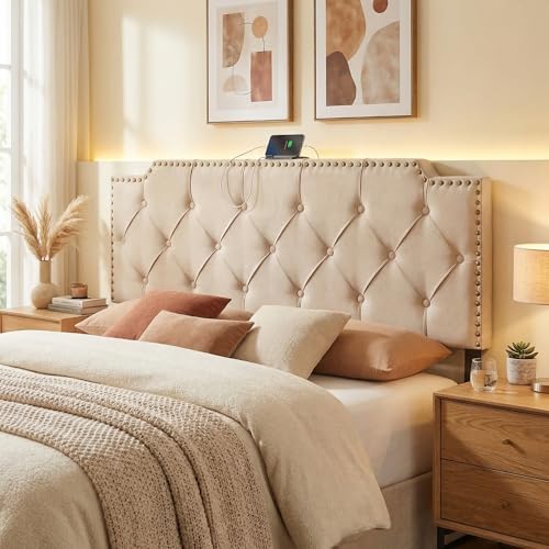 KOMFOTT Riveted Upholstered Headboard with Charging Station for Full & Queen Size Bed Frame, Tufted Button Bed Headboard with Solid Rubber Wood Legs, Headboard with Adjustable Width, Beige