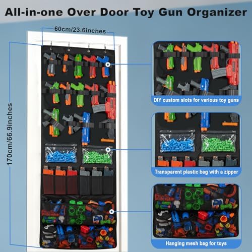 Over The Door Nerf Gun Toy Storage Organizer with Multi Pockets and Slots