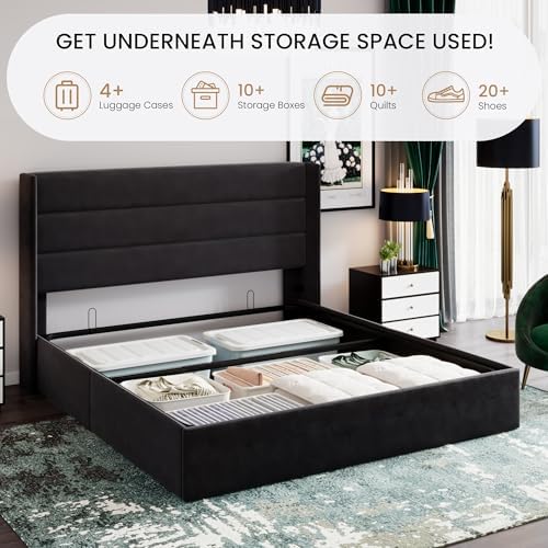 SHA CERLIN King Size Lift Up Hydraulic Storage Bed Frame Black