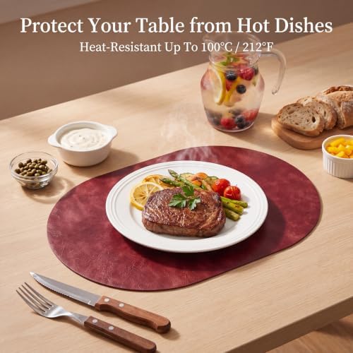 Oval Placemats Set of 6, Wipeable Faux Leather, Wine Red